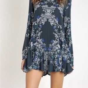 Free People Smooth Talker Swing Dress. Navy Blue/Greenish Long Sleeve Dress.